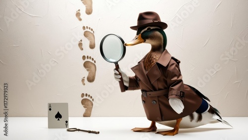 Detective duck investigates mysterious footprints in a whimsical setting with clues