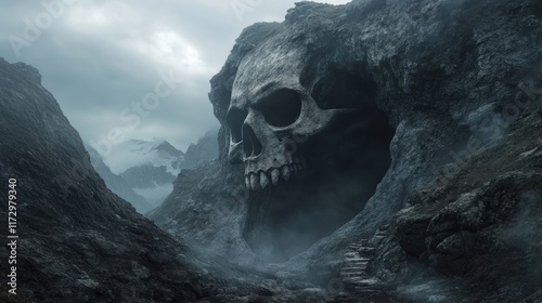 Giant Skull Mountain Cave: A Dark Fantasy Landscape photo