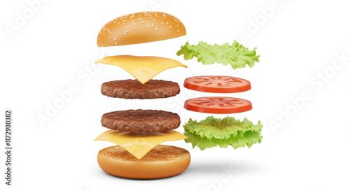 Exploded View Hamburger with Flying Ingredients on White photo