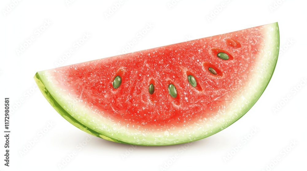 Fresh Watermelon Slice on White Background with Juicy Red Flesh and Green Rind