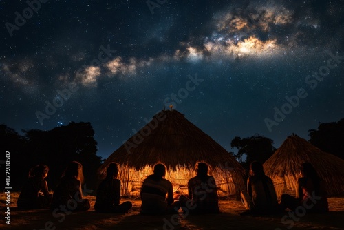 Indigenous people gathering around campfire under milky way galaxy photo