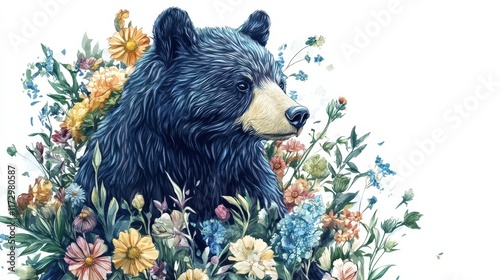 Majestic Black Bear Amidst Vibrant Wildflowers