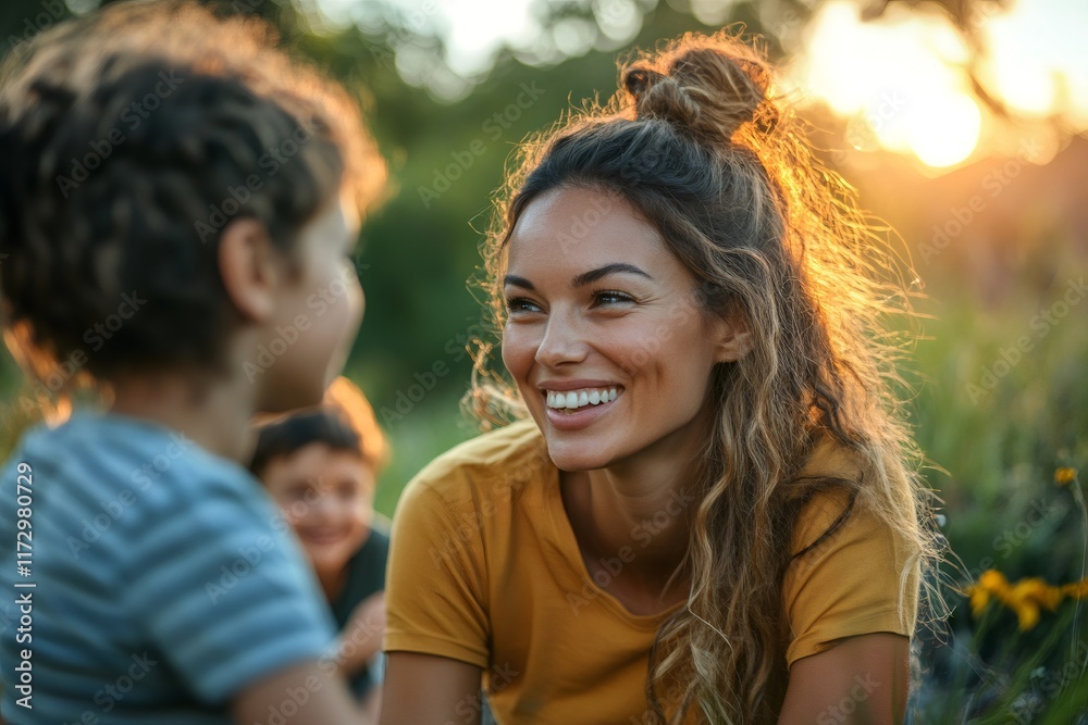 Happy mother smiling and interacting with children outdoors in nature at sunset Happy mother smiling and interacting with children outdoors in nature at sunset