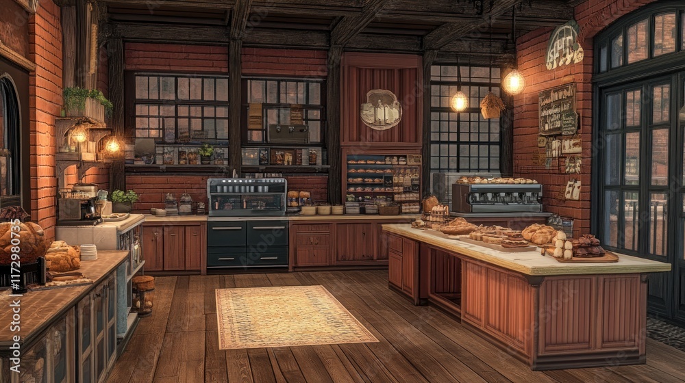 Cozy rustic cafe interior with wooden counters, shelves, baked goods, coffee machines, and vintage lighting. Cozy rustic cafe interior with wooden counters, shelves, baked goods, coffee machines, and vintage lighting.