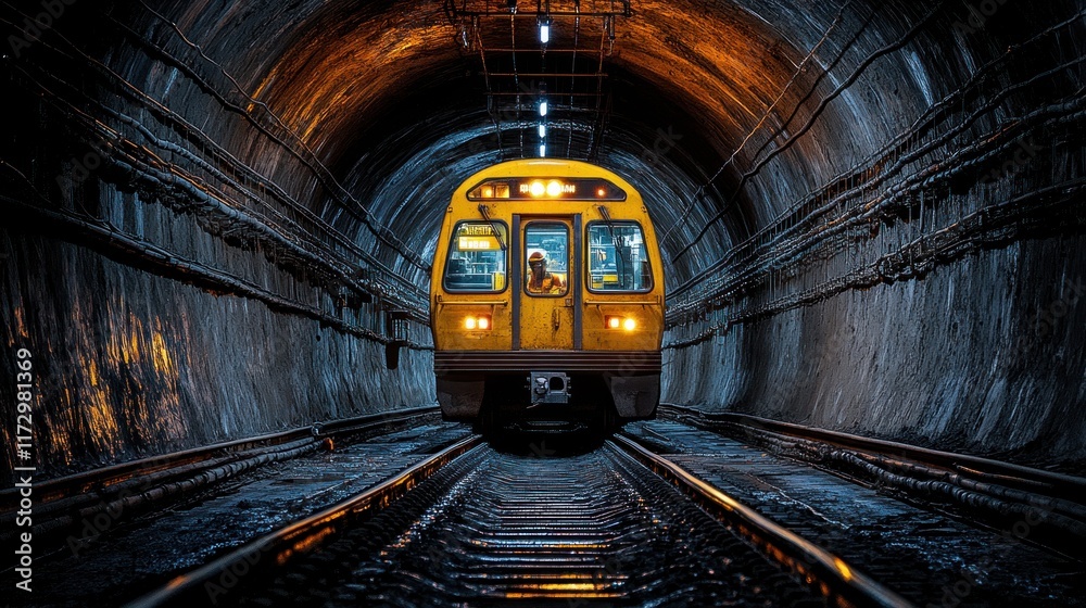 Naklejka premium A yellow train emerges from a dark tunnel, illuminated by overhead lights.
