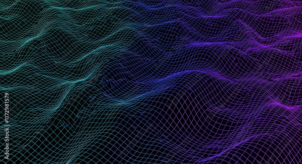 Obraz premium A digital grid glowing in neon colors on a dark background, Smooth 3D Landscape Waveform Terrain Grid Abstract Background, Vibrant neon waveforms in a digital starry landscape