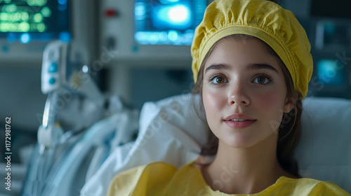 Young girl in a yellow gown sits in a hospital bed, gazing calmly. Medical monitors in the background suggest a clinical setting