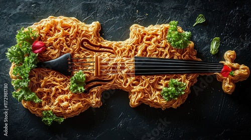 Instant noodles creatively shaped like a violin with vibrant garnishes in 8K resolution photo