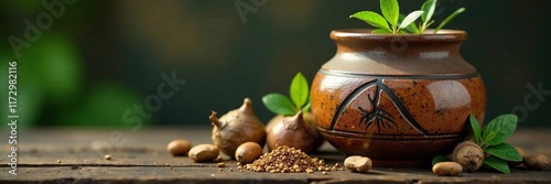 Ceramic jar with macerating medicinal plants and roots, botany, exotic photo