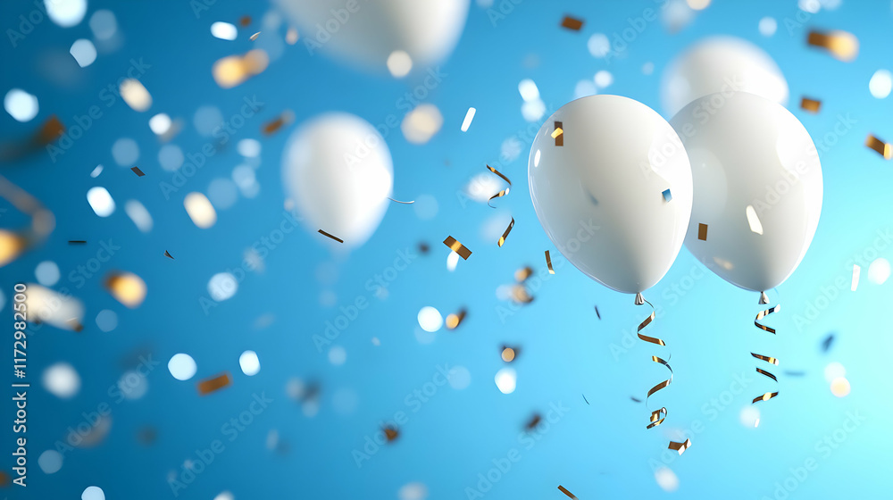 Fototapeta premium White balloons float amidst gold confetti on a blue background, celebrating a joyful occasion; ideal for festive advertising