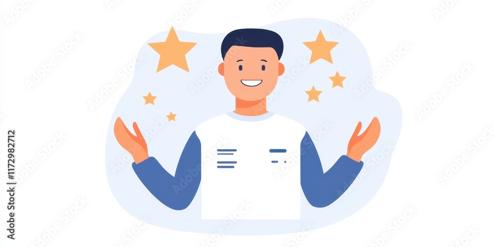 Cheerful man expressing joy and positivity with star icons around him. Cheerful man expressing joy and positivity with star icons around him.