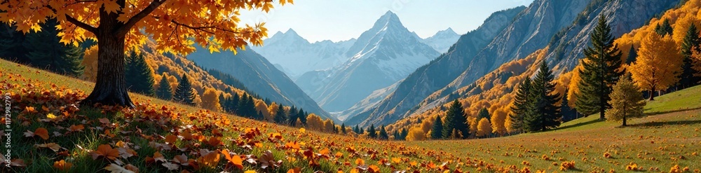 Fototapeta premium A carpet of golden larch leaves underfoot amidst the Alpine mountains, larch, evergreen tree