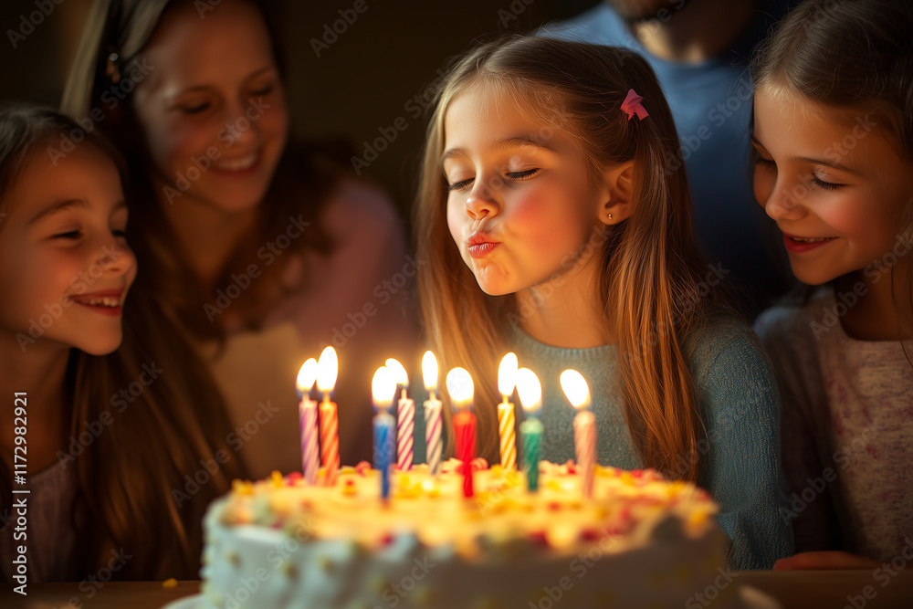 Young girl blowing out candles on a birthday cake, surrounded by family and friends. Generative AI Young girl blowing out candles on a birthday cake, surrounded by family and friends. Generative AI