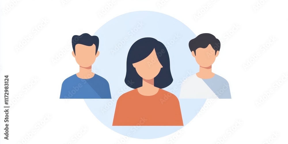 Three diverse individuals with modern, stylized features on a light background. Three diverse individuals with modern, stylized features on a light background.