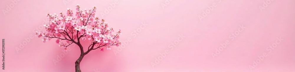 A lone tree branch bearing clusters of pale pink flowers against a soft pink background, tree, A lone tree branch bearing clusters of pale pink flowers against a soft pink background, tree,