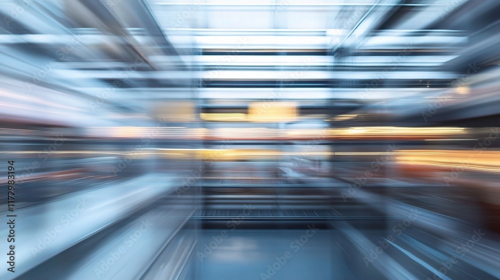 Blurred View of Metal Shelves in a Large Warehouse or Factory Space Blurred View of Metal Shelves in a Large Warehouse or Factory Space