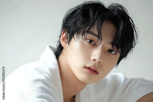 Portrait of Young Korean Male Model in White Bathrobe for Skincare Advertisement