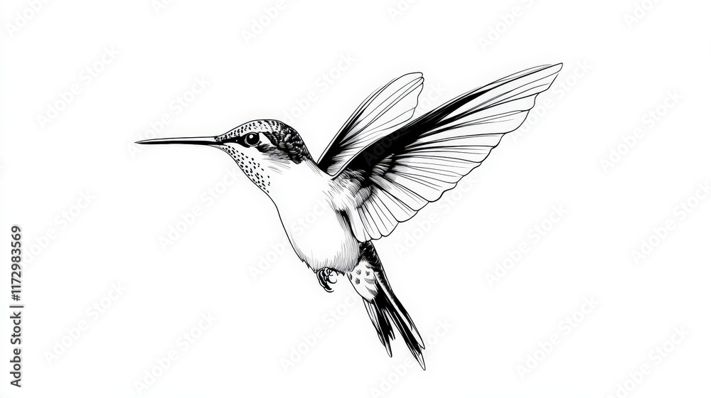 Obraz premium A Hummingbird in Flight A Detailed Ink Drawing