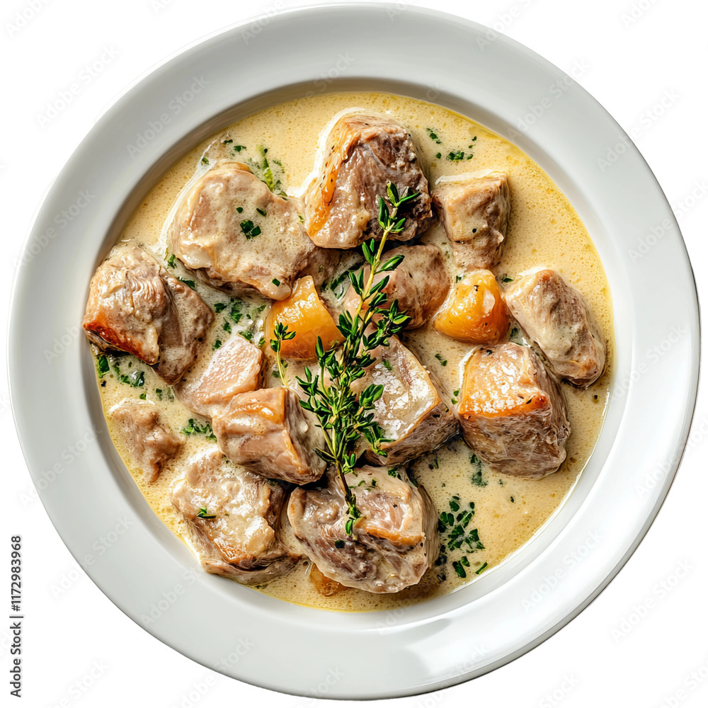plate of blanquette de veau on white background plate of blanquette de veau on white background