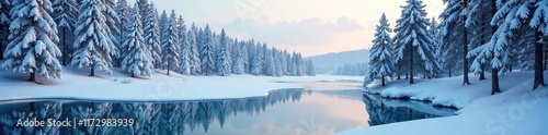A serene winter forest with a frozen lake and snow-covered pine trees, trees, winter