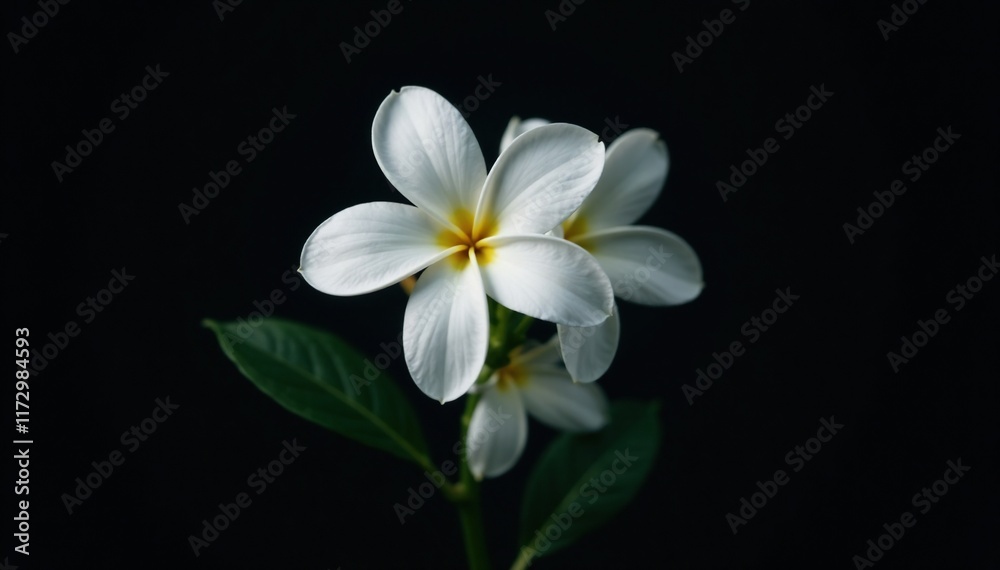 Fototapeta premium Delicate white flower blooms on dark black background, isolated, blooming, nature