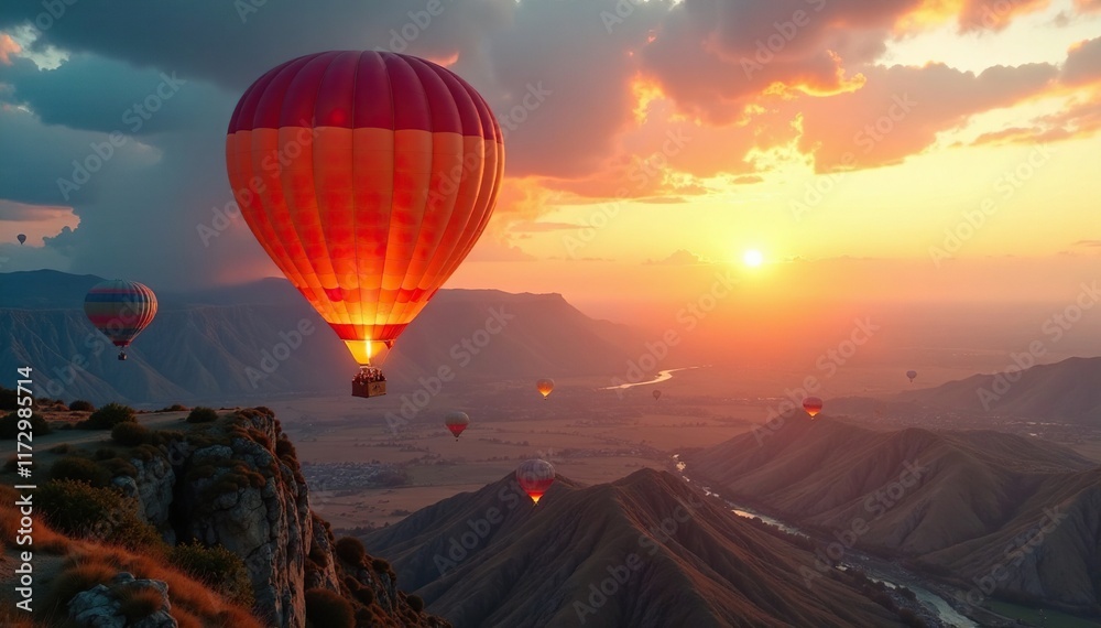 Obraz premium Fiery balloon ascends slowly over vast terrain, fire, burner, altitude