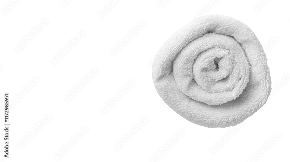 Soft White Bath Towel Rolled Up on a White Surface Ideal for Luxury Bathroom Decor and Spas. Soft White Bath Towel Rolled Up on a White Surface Ideal for Luxury Bathroom Decor and Spas.