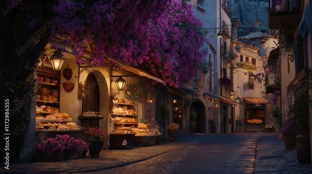 Evening in a charming European village with a bakery, cobblestone street, and flowering bougainvillea. Evening in a charming European village with a bakery, cobblestone street, and flowering bougainvillea.