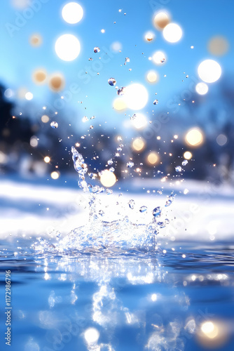 Water droplet splash in snowy winter scene with bokeh lights; ideal for winter, nature, purity, or freshness concepts