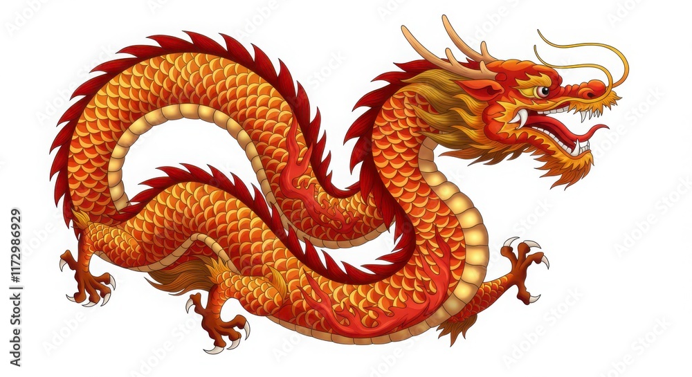 Obraz premium Red and Gold Chinese Dragon Illustration Isolated on White