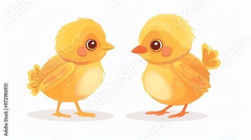 Two Cute Little Chickens Standing Together on White Background photo