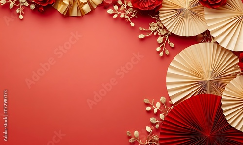 Decorative arrangement of red paper fans and cherry blossoms on a textured background
