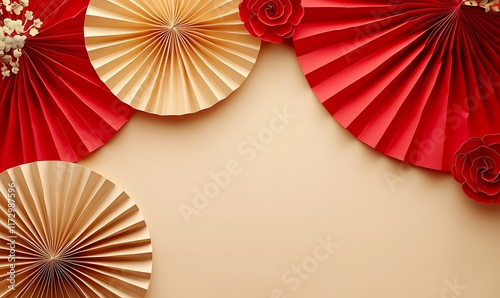 Decorative arrangement of red paper fans and cherry blossoms on a textured background
