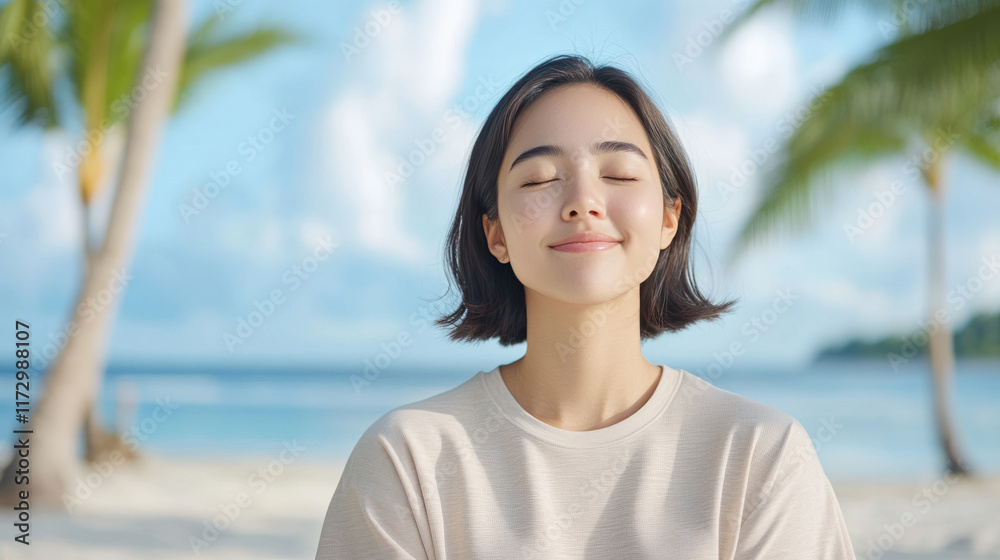 Indonesian woman closed eyes enjoy vacation relax at beach in tropical island Indonesian woman closed eyes enjoy vacation relax at beach in tropical island