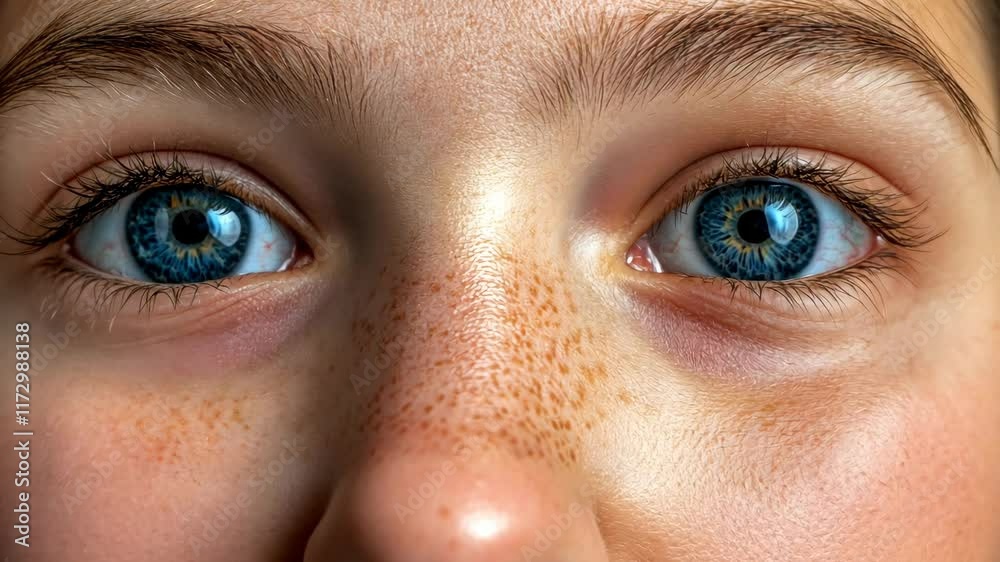 Close-up of a girl's striking blue eyes highlighting freckles and natural beauty in bright lighting Close-up of a girl's striking blue eyes highlighting freckles and natural beauty in bright lighting