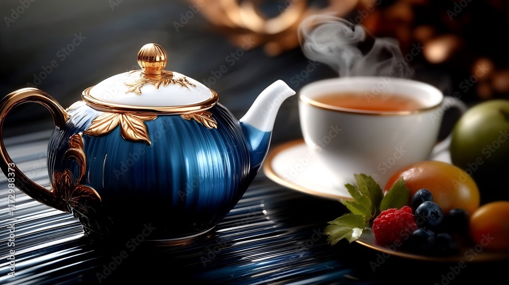 Elegant Blue Teapot with Golden Accents and Tea Set Elegant Blue Teapot with Golden Accents and Tea Set