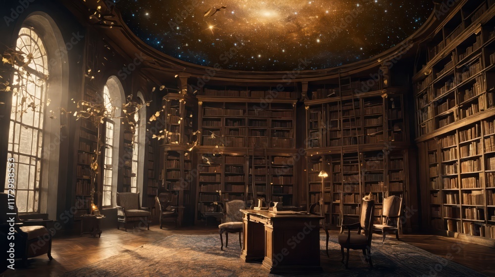 Obraz premium a grand magical library with towering bookshe