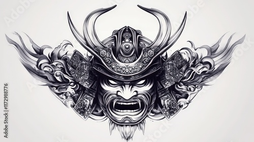 Ornate Samurai Mask with Intricate Helmet Detail