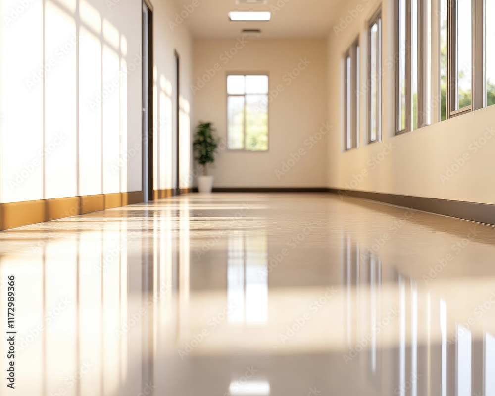 Obraz premium polished school corridor with bright light reflecting off floor creates serene atmosphere