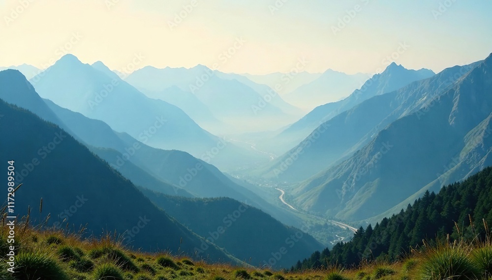 Misty mountains in the background of a vast valley, , tranquility Misty mountains in the background of a vast valley, , tranquility