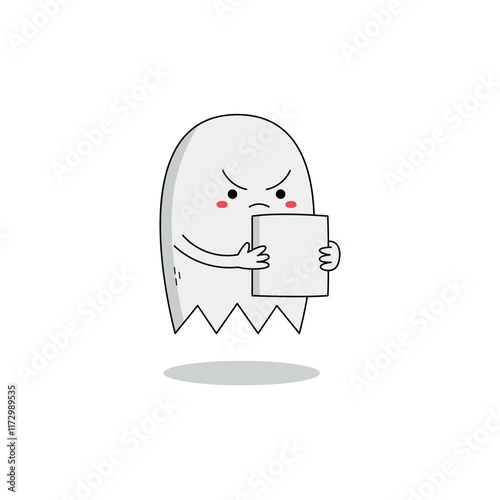 Cute white ghost cartoon character reading a paper letter doodle