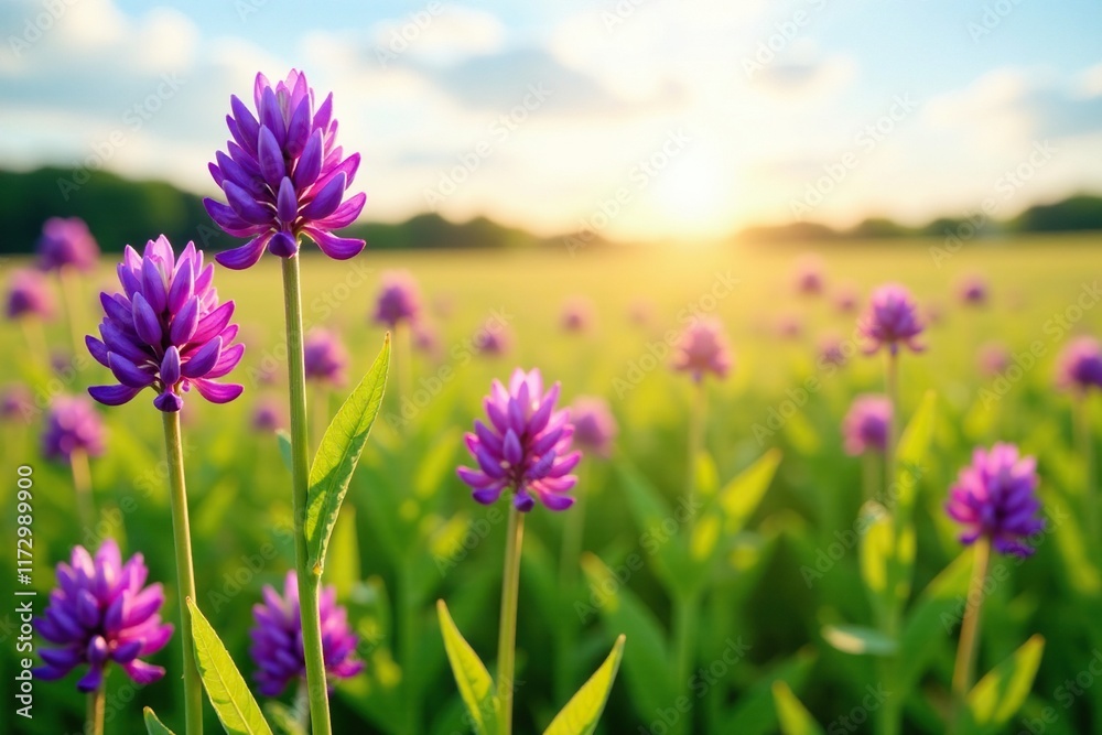 Field of Purple Prairie Clover flowers blooming in sunlight, green grass, wildflowers, prairie Field of Purple Prairie Clover flowers blooming in sunlight, green grass, wildflowers, prairie