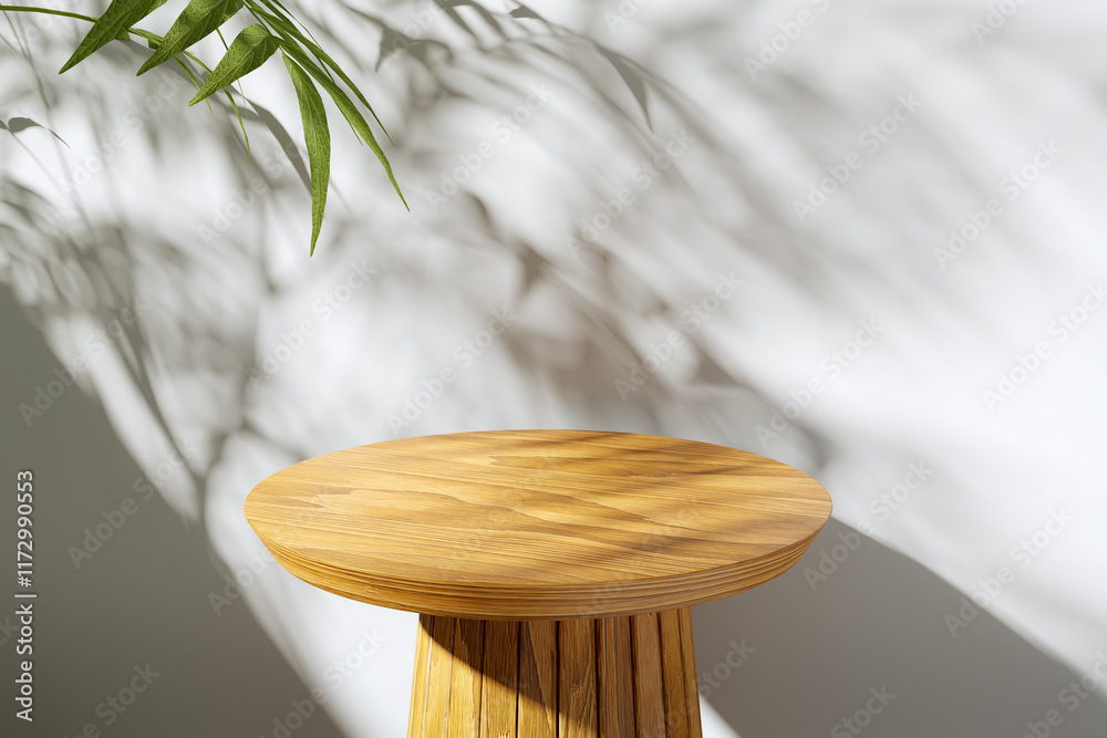Close-up of a round wooden modern table. White background illuminated by sunlight. Shadow from the leaves on the wall. Background for product presentation. Mock up. Podium.