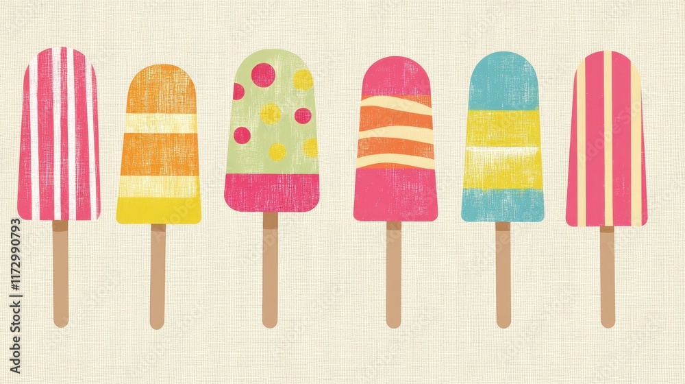A playful summer banner showcasing a variety of vibrant popsicles arranged on a neutral beige canvas. A playful summer banner showcasing a variety of vibrant popsicles arranged on a neutral beige canvas.