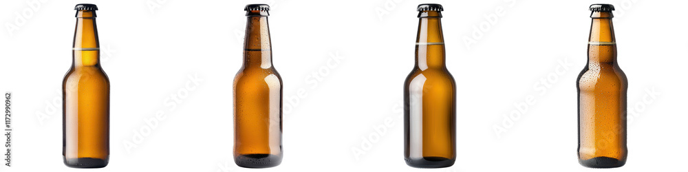 Classic amber glass beer bottles with black caps, showcasing various styles Classic amber glass beer bottles with black caps, showcasing various styles