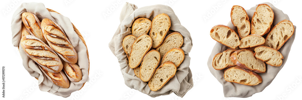 Freshly baked baguette slices arranged in cloth lined baskets, perfect for sharing Freshly baked baguette slices arranged in cloth lined baskets, perfect for sharing