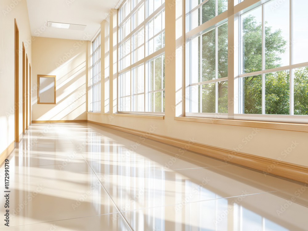 Obraz premium Bright sunlit corridor with large windows, smooth tile flooring, and serene atmosphere