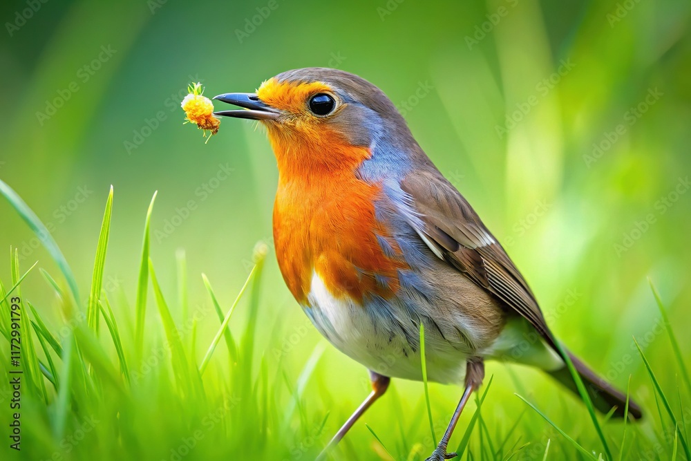 Fototapeta premium Robin Redbreast Bird Foraging Worms and Insects, Rule of Thirds Composition, Wildlife Stock Photo