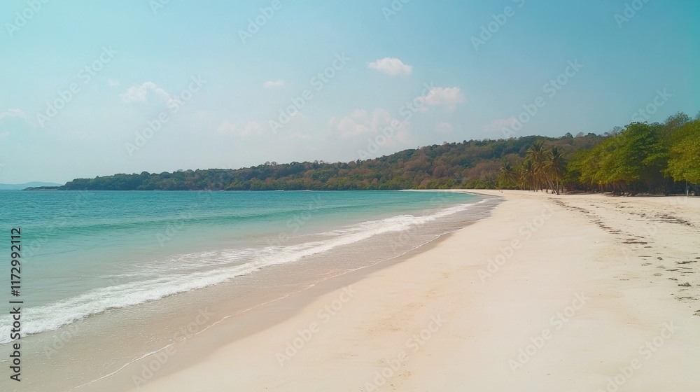 A pristine white sand beach on Koh Samet, with palm trees gently swaying in the tropical breeze. A pristine white sand beach on Koh Samet, with palm trees gently swaying in the tropical breeze.