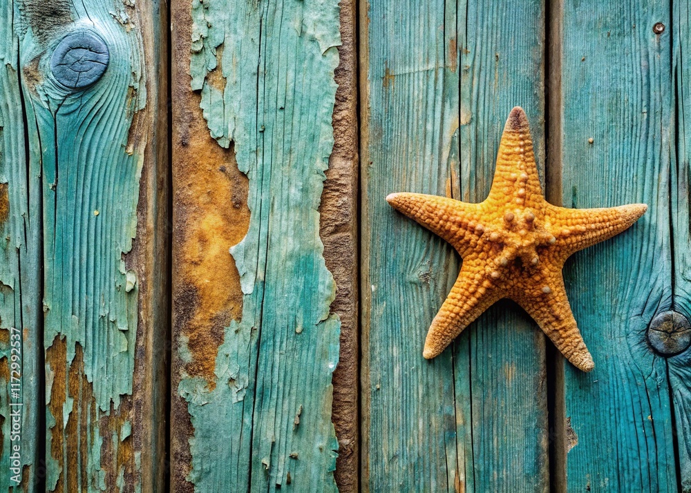 Rustic Wooden Door with Starfish - Coastal Beach Decor Stock Photo